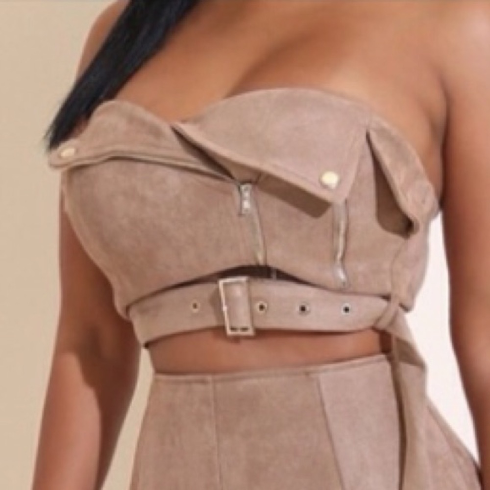 Tan suede bandeau/ bust belt , style moto jacket